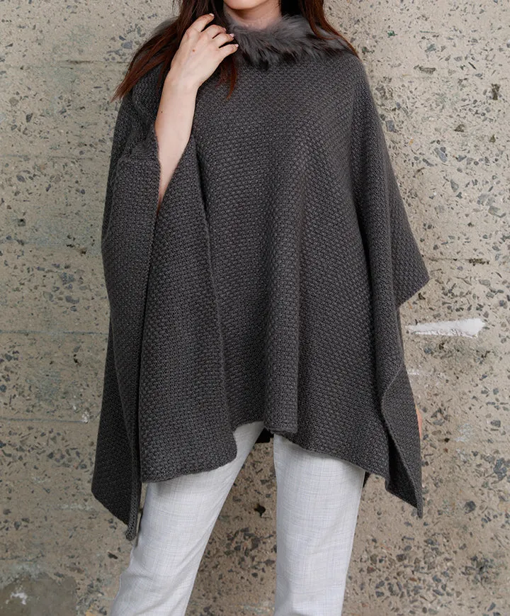 Fur Trim Knit Poncho