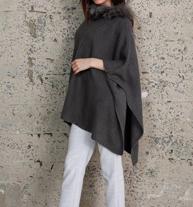 Fur Trim Knit Poncho