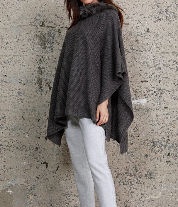 Fur Trim Knit Poncho