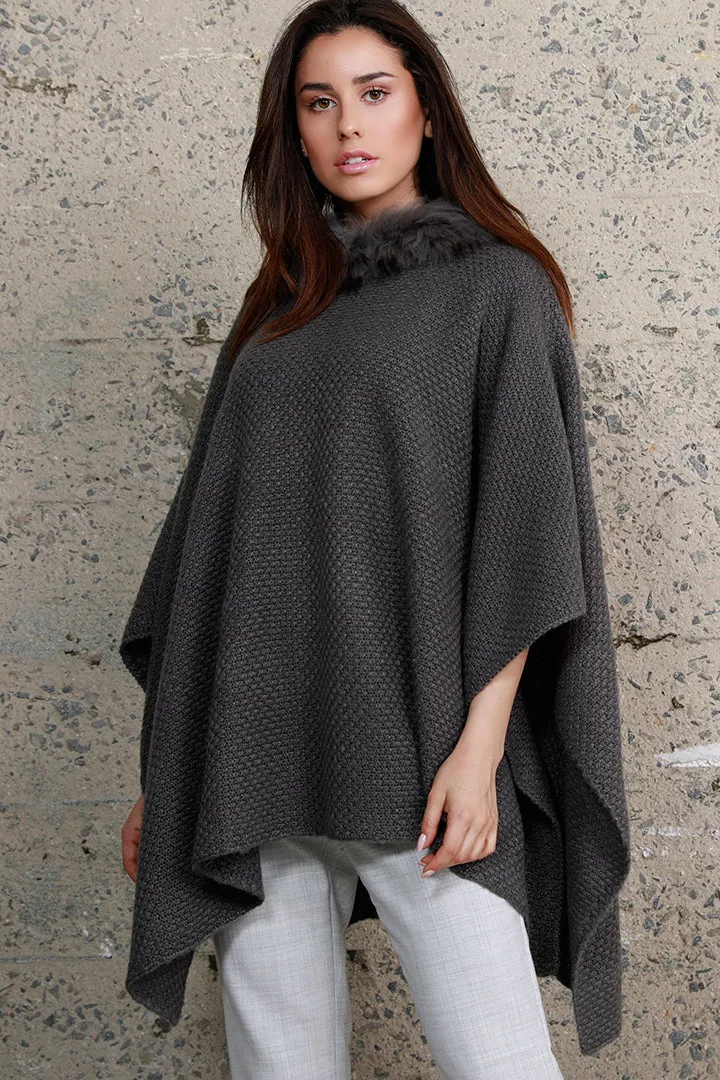 Fur Trim Knit Poncho