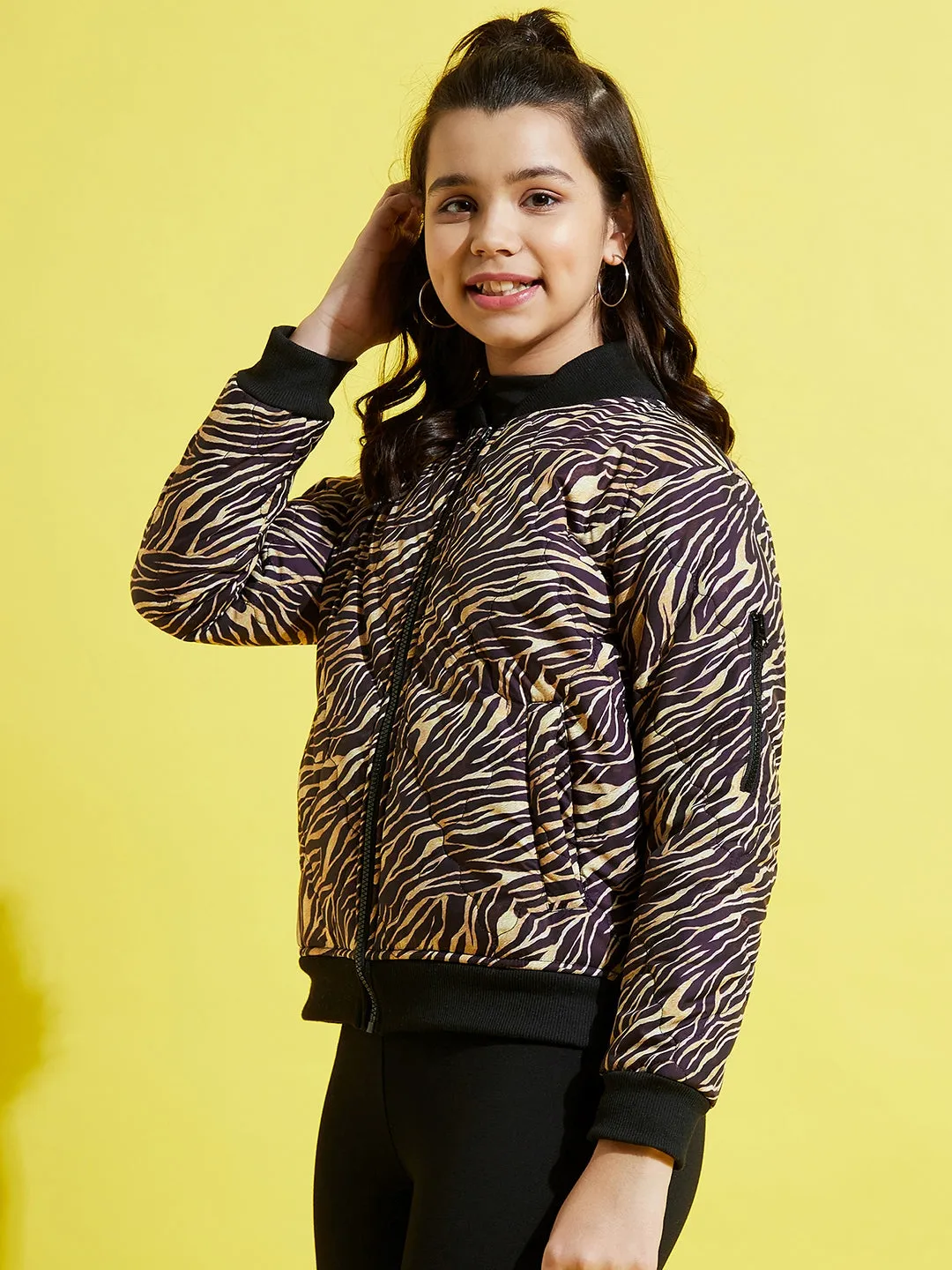 Girls Brown Zebra Quilted Bomber Jacket - Lyush Kids