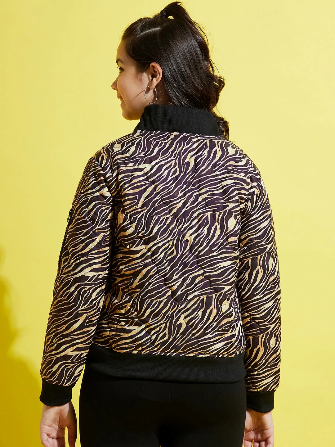 Girls Brown Zebra Quilted Bomber Jacket - Lyush Kids