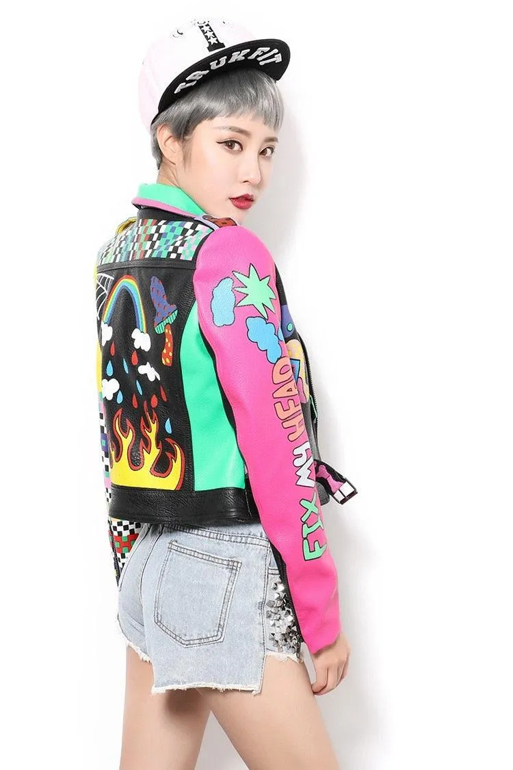 Graffiti Faux Leather Jacket Cropped Moto-Rainbow Lies