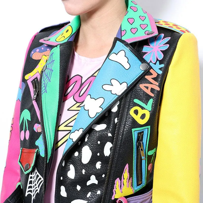 Graffiti Faux Leather Jacket Cropped Moto-Rainbow Lies