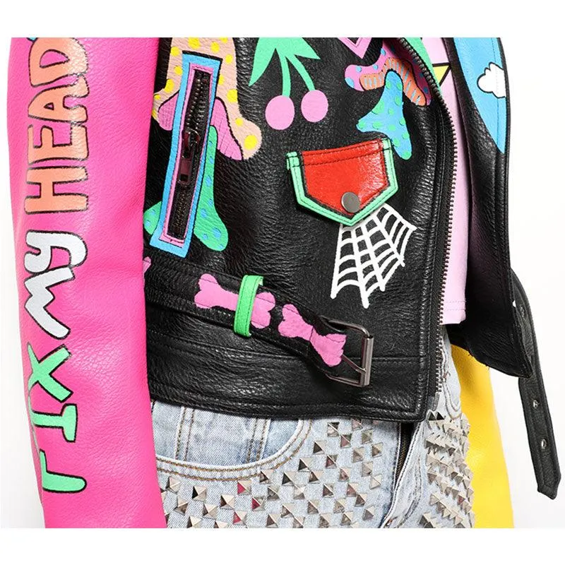 Graffiti Faux Leather Jacket Cropped Moto-Rainbow Lies