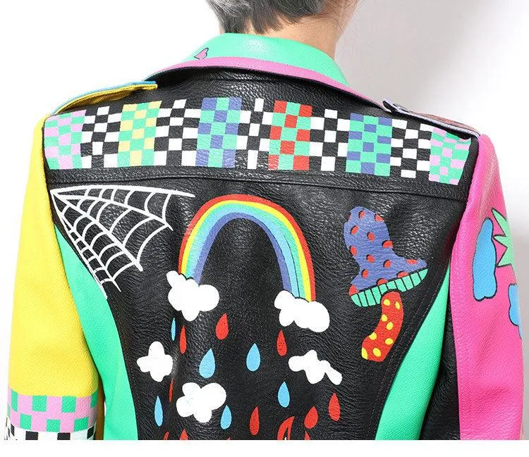 Graffiti Faux Leather Jacket Cropped Moto-Rainbow Lies