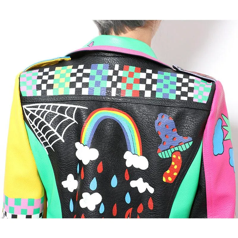 Graffiti Faux Leather Jacket Cropped Moto-Rainbow Lies