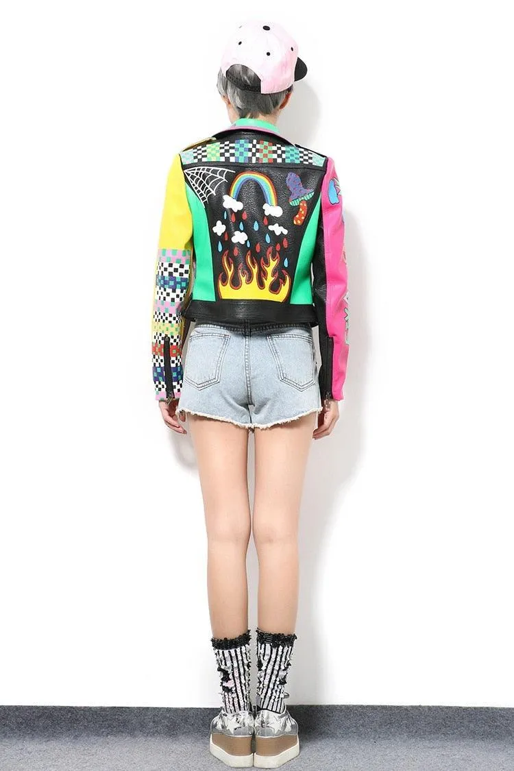 Graffiti Faux Leather Jacket Cropped Moto-Rainbow Lies