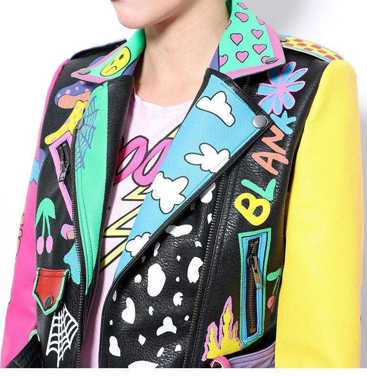 Graffiti Faux Leather Jacket Cropped Moto-Rainbow Lies