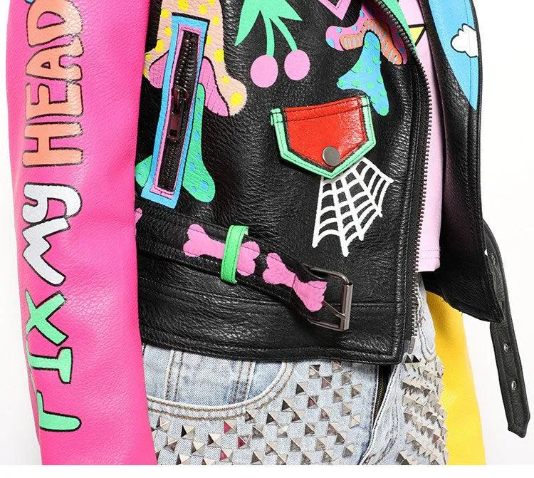 Graffiti Faux Leather Jacket Cropped Moto-Rainbow Lies