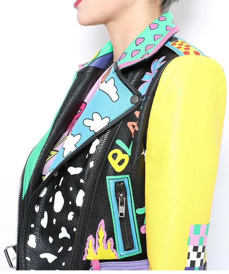 Graffiti Faux Leather Jacket Cropped Moto-Rainbow Lies