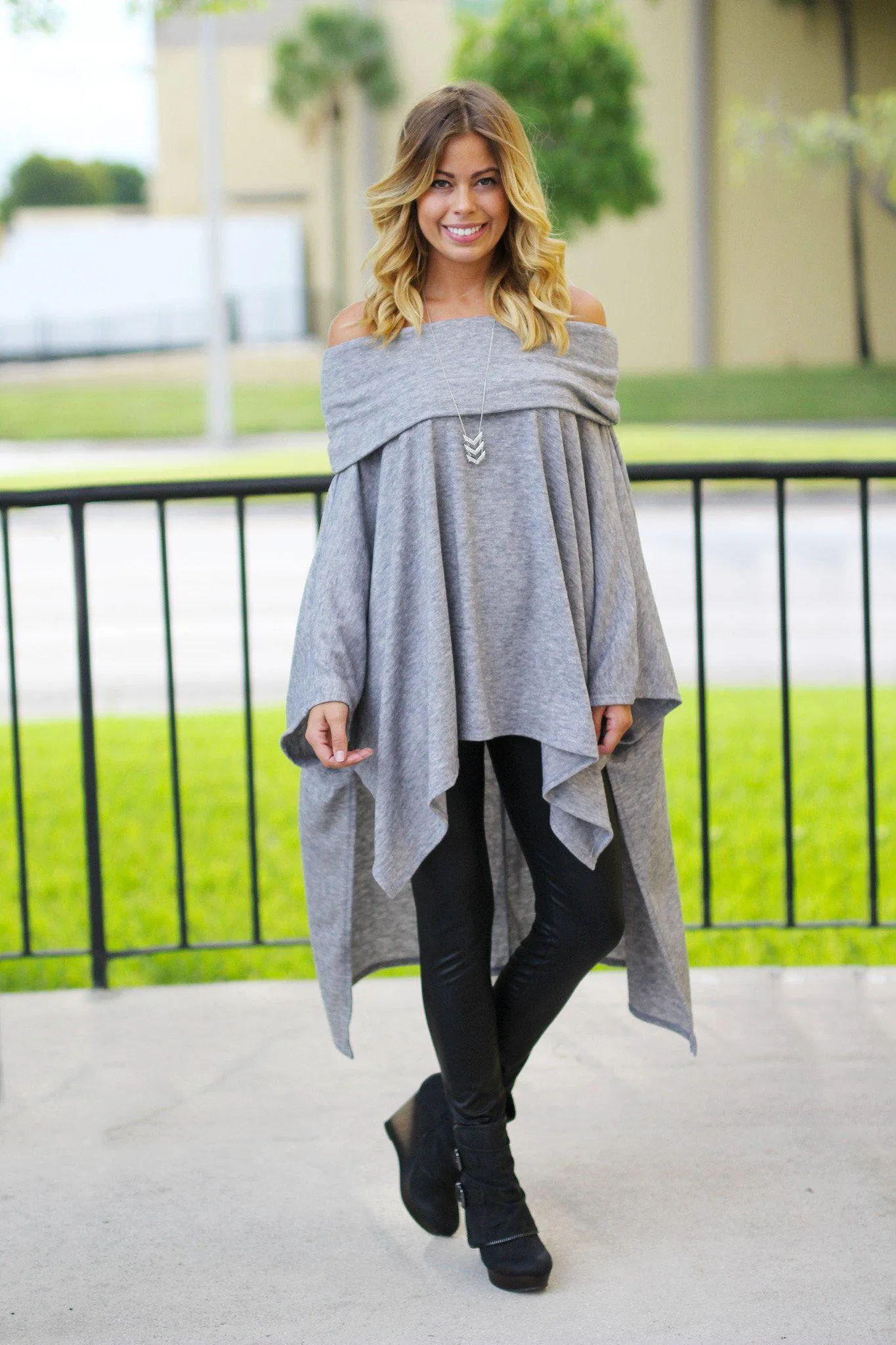 Gray Off Shoulder Poncho