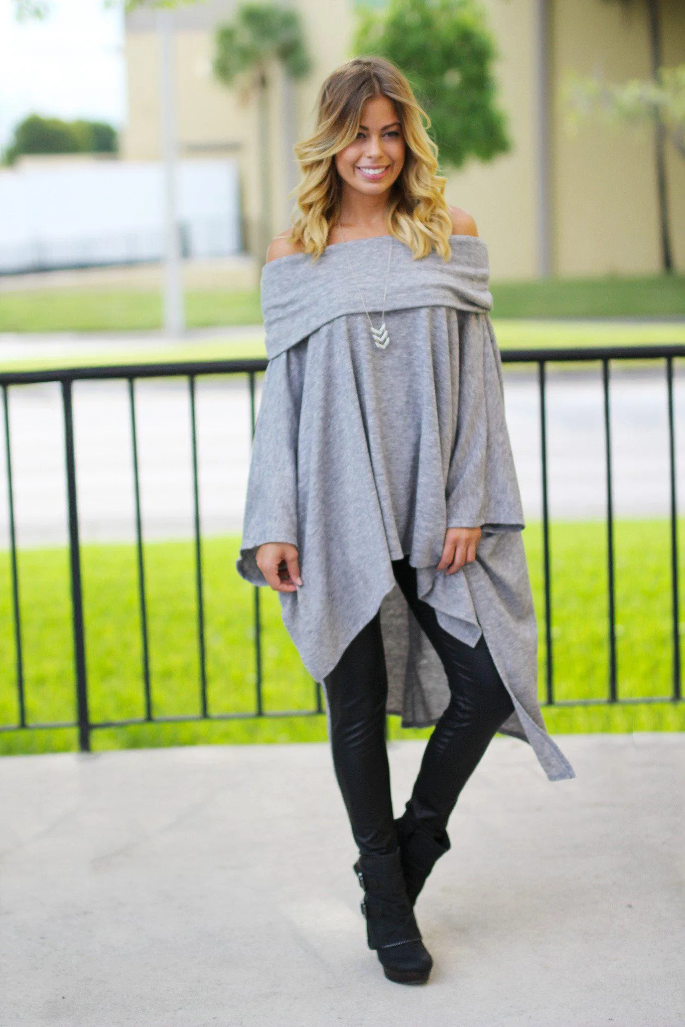 Gray Off Shoulder Poncho