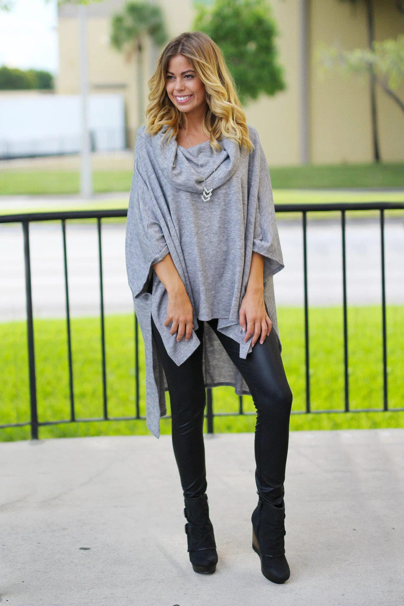 Gray Off Shoulder Poncho