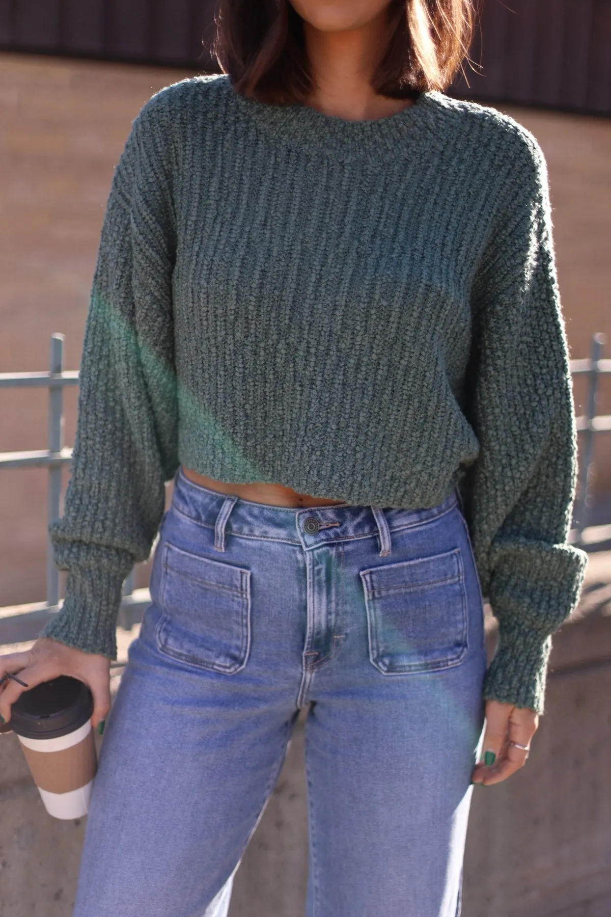 Green Popcorn Knit Cropped Sweater