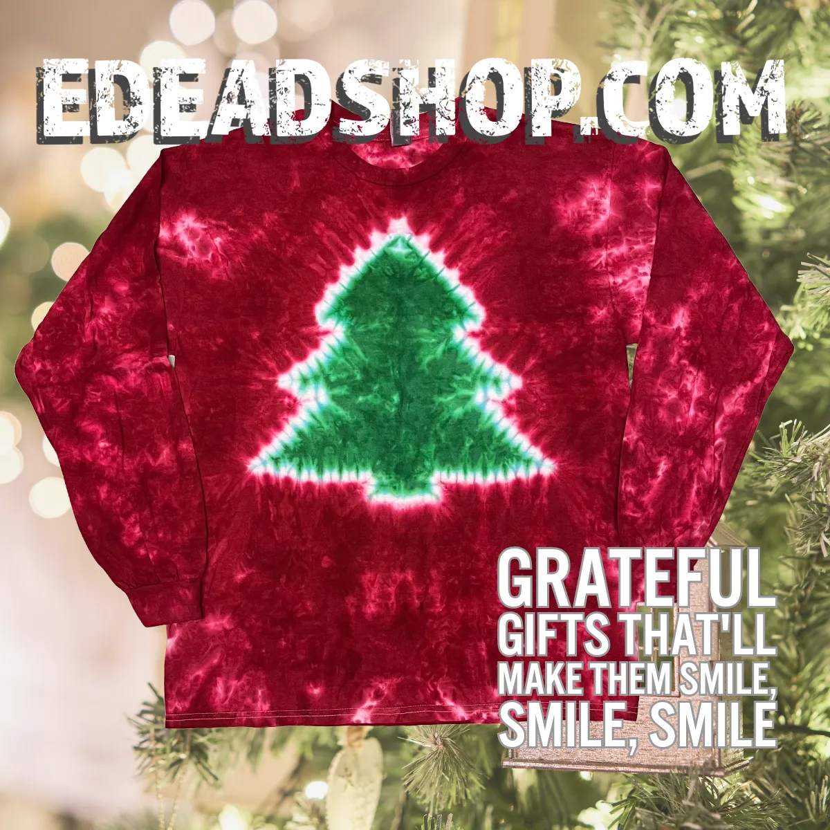 Green Tree on Red Long Sleeve Adult Tie Dye