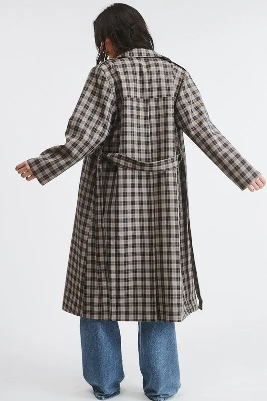 Grey Plaid Woven Long Trench Coat