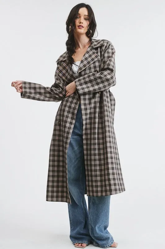 Grey Plaid Woven Long Trench Coat