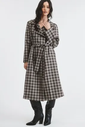 Grey Plaid Woven Long Trench Coat