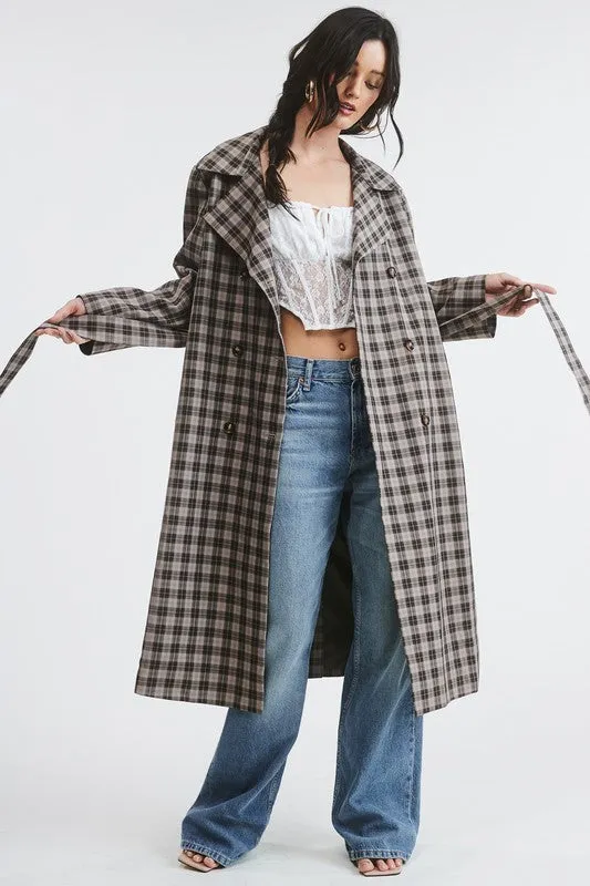 Grey Plaid Woven Long Trench Coat