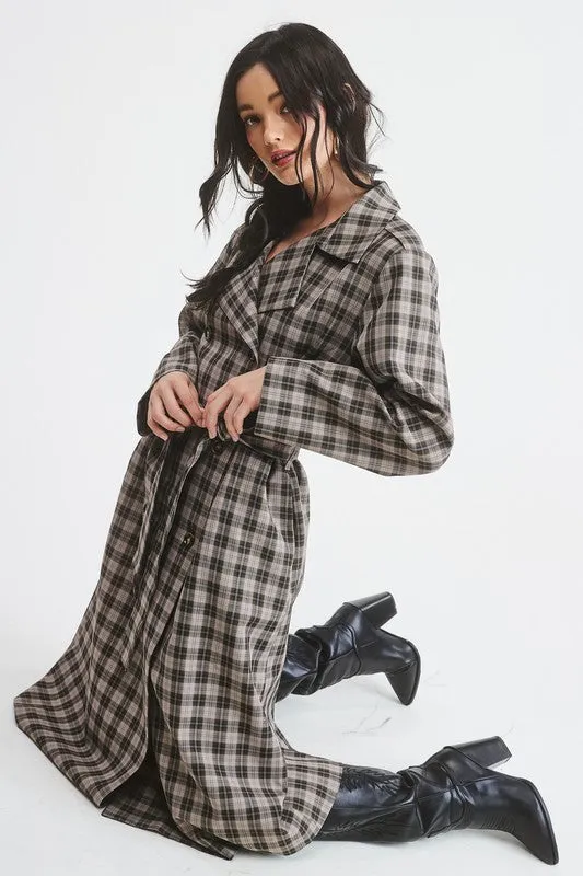 Grey Plaid Woven Long Trench Coat