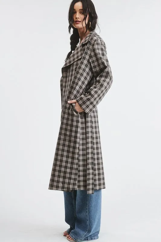 Grey Plaid Woven Long Trench Coat