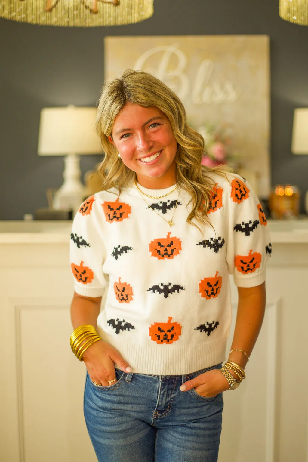 Halloween Pumpkin & Bat Patterned Puff Sleeve Sweater