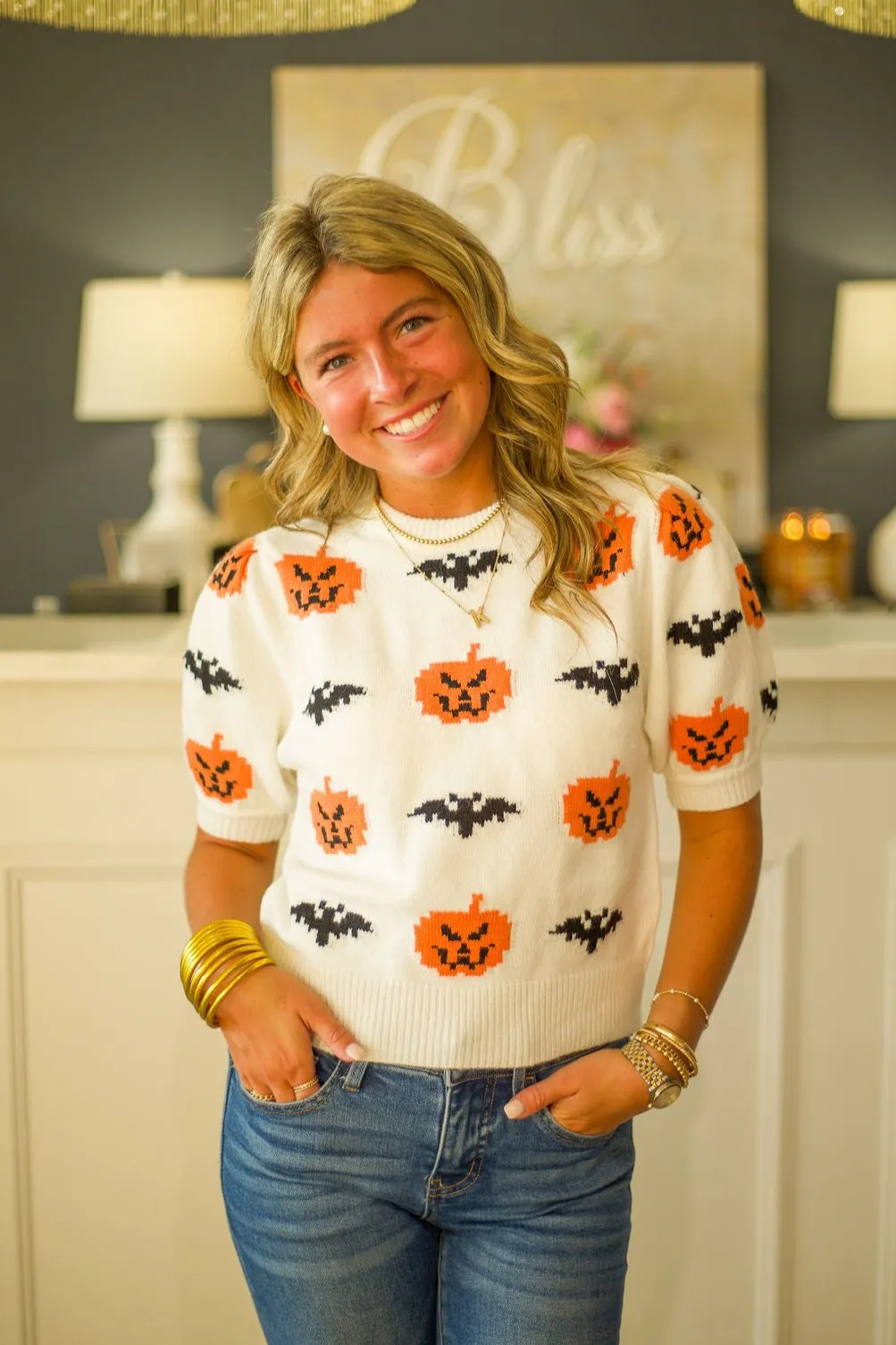 Halloween Pumpkin & Bat Patterned Puff Sleeve Sweater