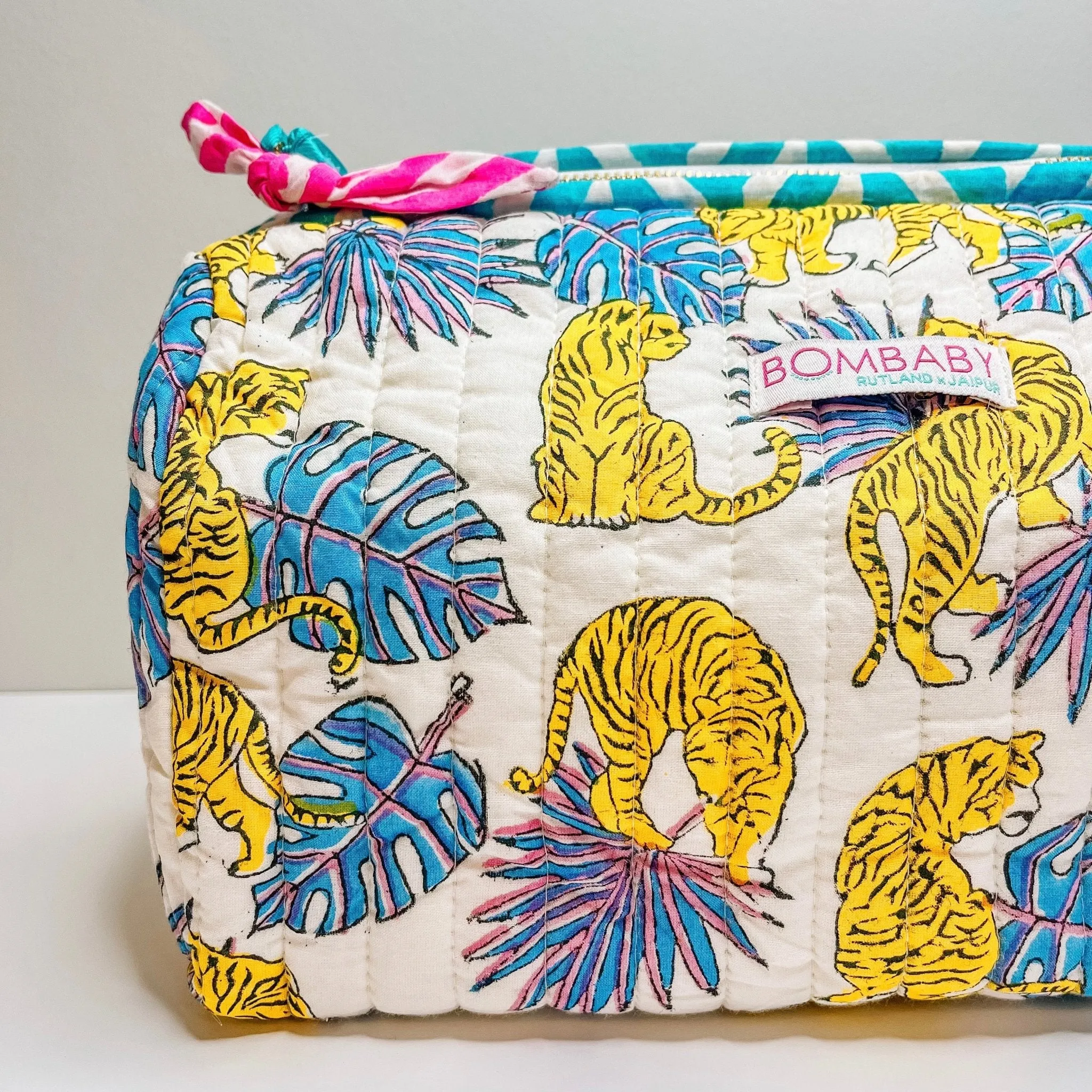 Handmade Block Print Quilted Wash Bag | Purple Tiger