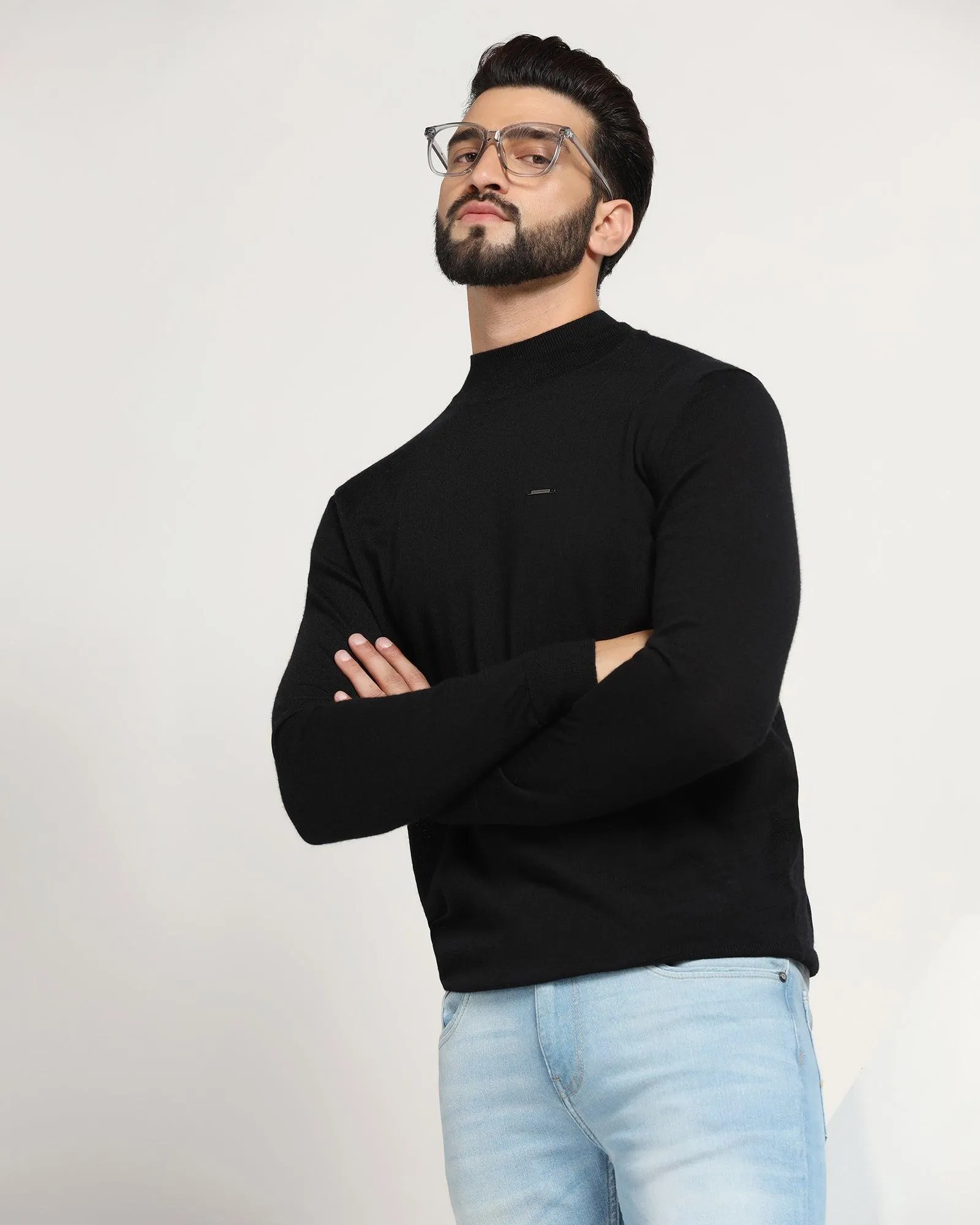 High Neck Black Solid Sweater - Jester