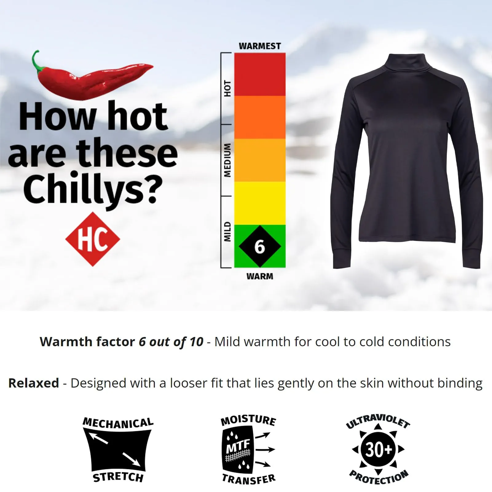 Hot Chillys Wopeach Skins Solid T-Neck Womens Black Medium