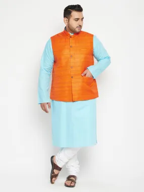 Jashvi Plus Size Men's Aqua Blue Kurta And White Pyjama With Nehru Jacket Set