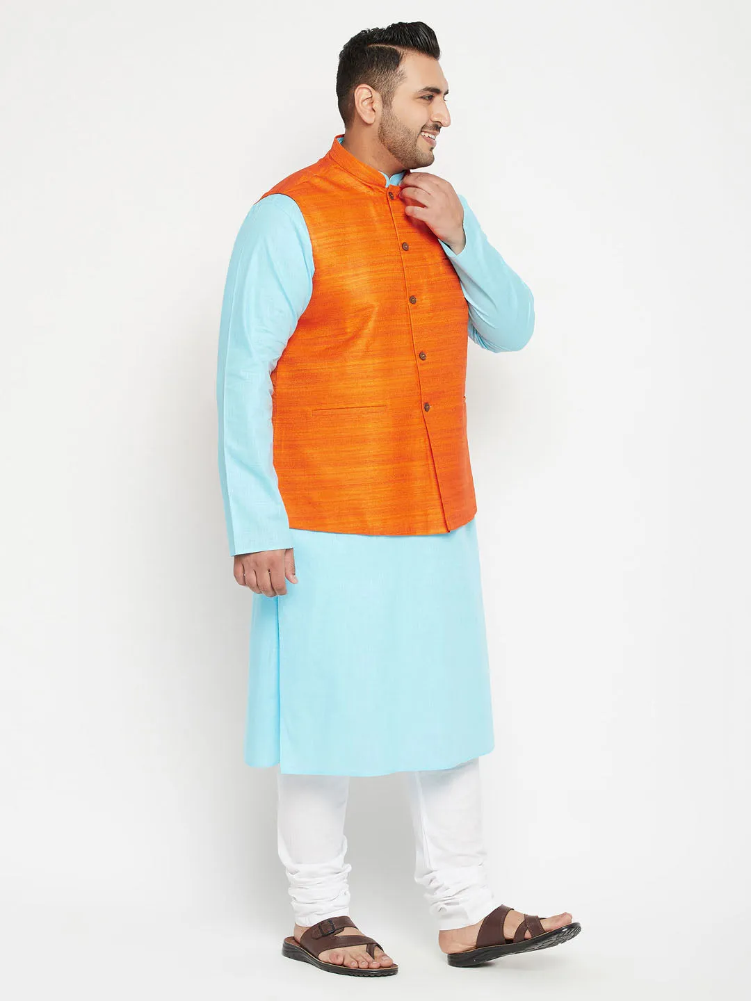 Jashvi Plus Size Men's Aqua Blue Kurta And White Pyjama With Nehru Jacket Set