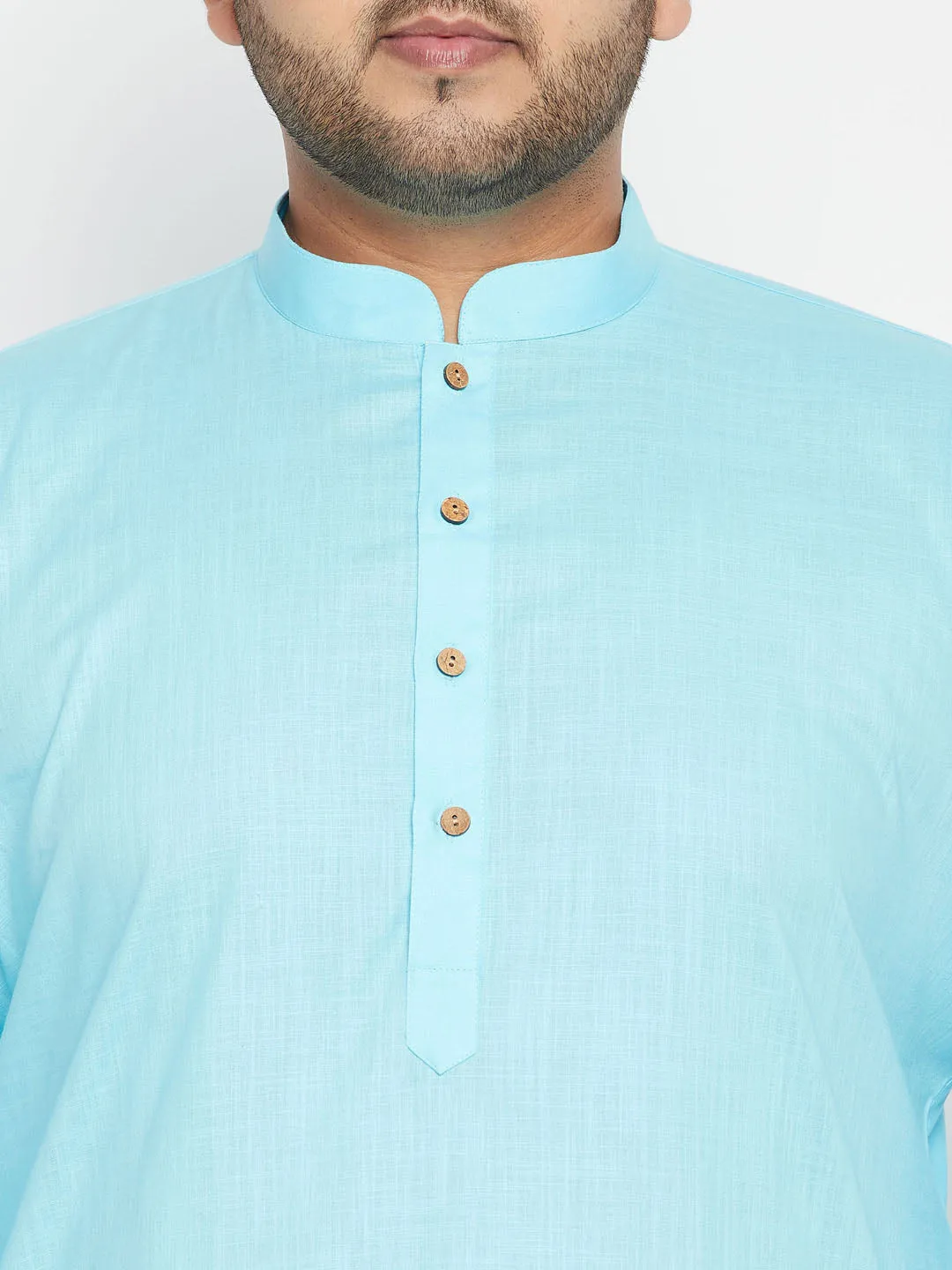 Jashvi Plus Size Men's Aqua Blue Kurta And White Pyjama With Nehru Jacket Set