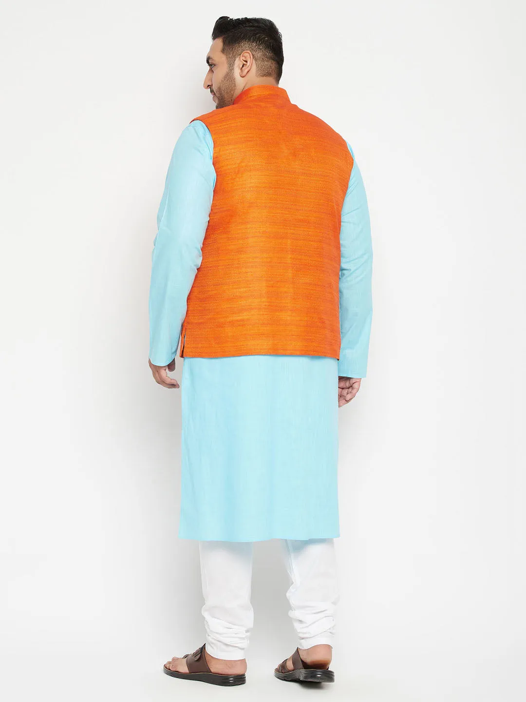 Jashvi Plus Size Men's Aqua Blue Kurta And White Pyjama With Nehru Jacket Set