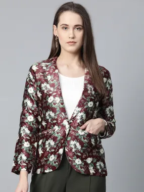 Jashvi Women Maroon & Green Satin Floral Print Single-Breasted Casual Blazer