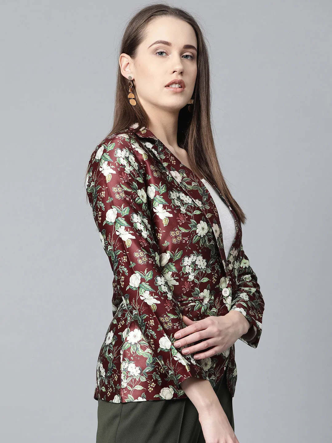 Jashvi Women Maroon & Green Satin Floral Print Single-Breasted Casual Blazer