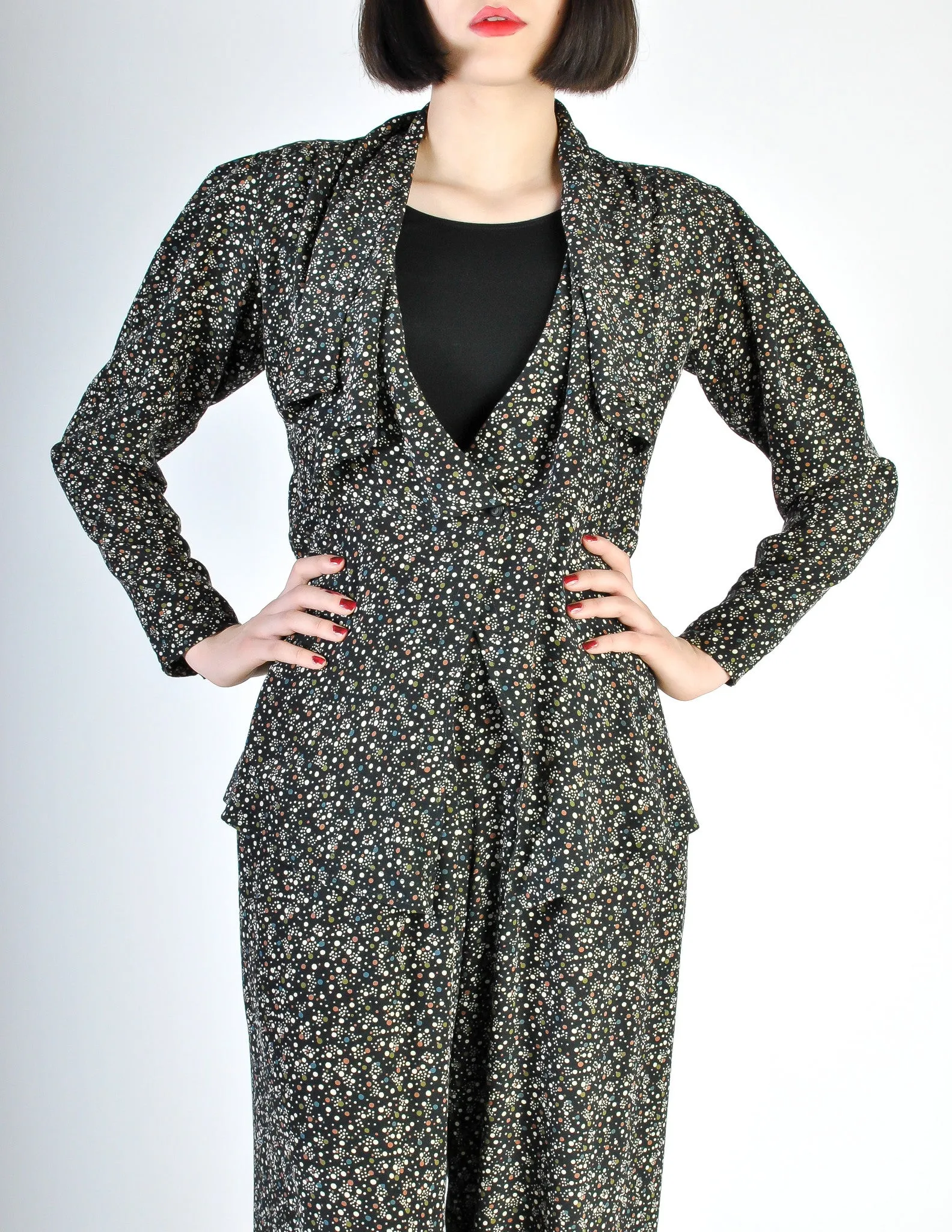 Jean Muir Vintage Polka Dot Silk Draping Jacket and Pants Ensemble Set