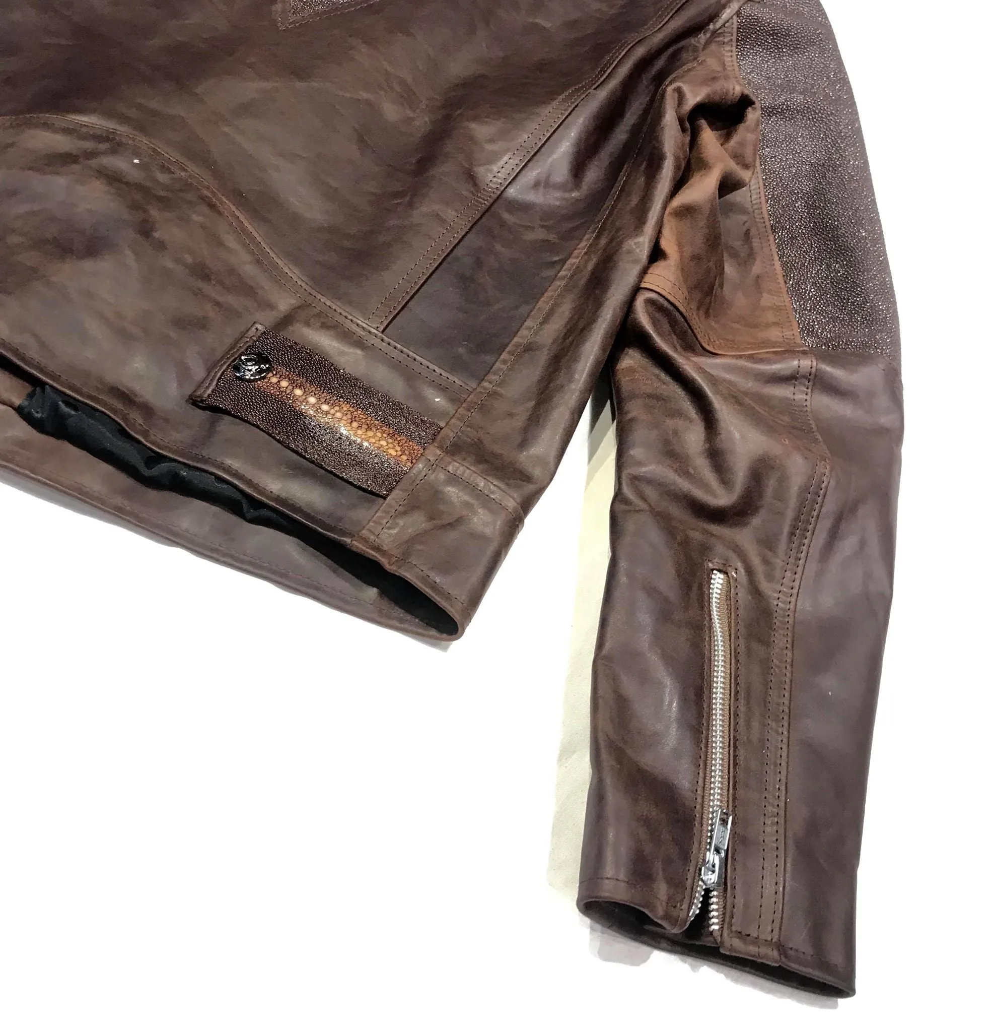 Kashani Chocolate Brown Stingray/Leather Biker Jacket