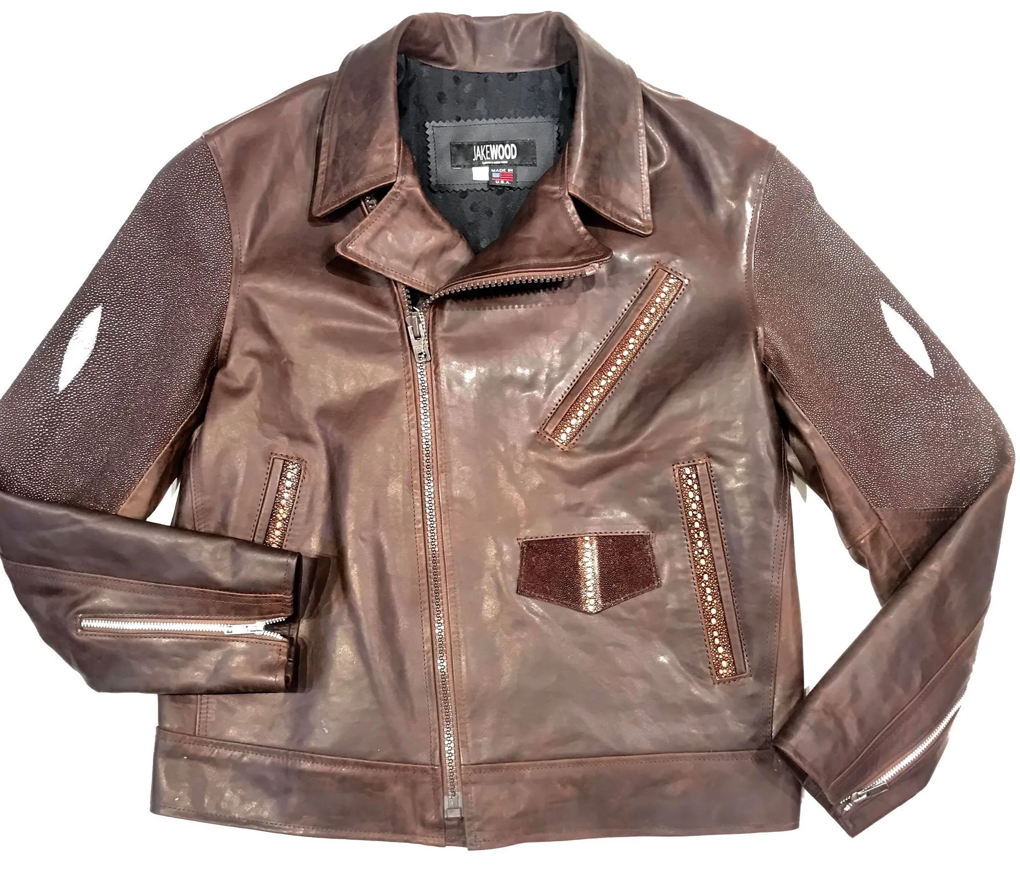 Kashani Chocolate Brown Stingray/Leather Biker Jacket