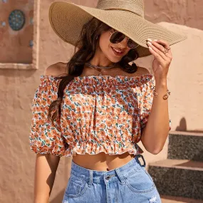 Lantern Off Floral Elastic Beach Fashion Shoulder Casual Crop Summer Vacation Top