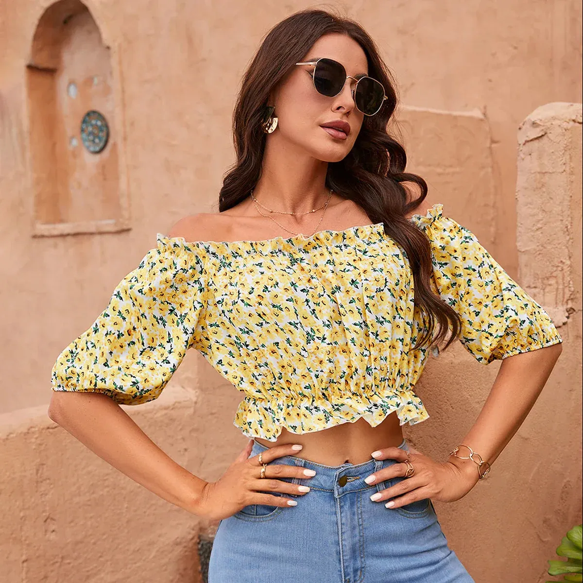 Lantern Off Floral Elastic Beach Fashion Shoulder Casual Crop Summer Vacation Top