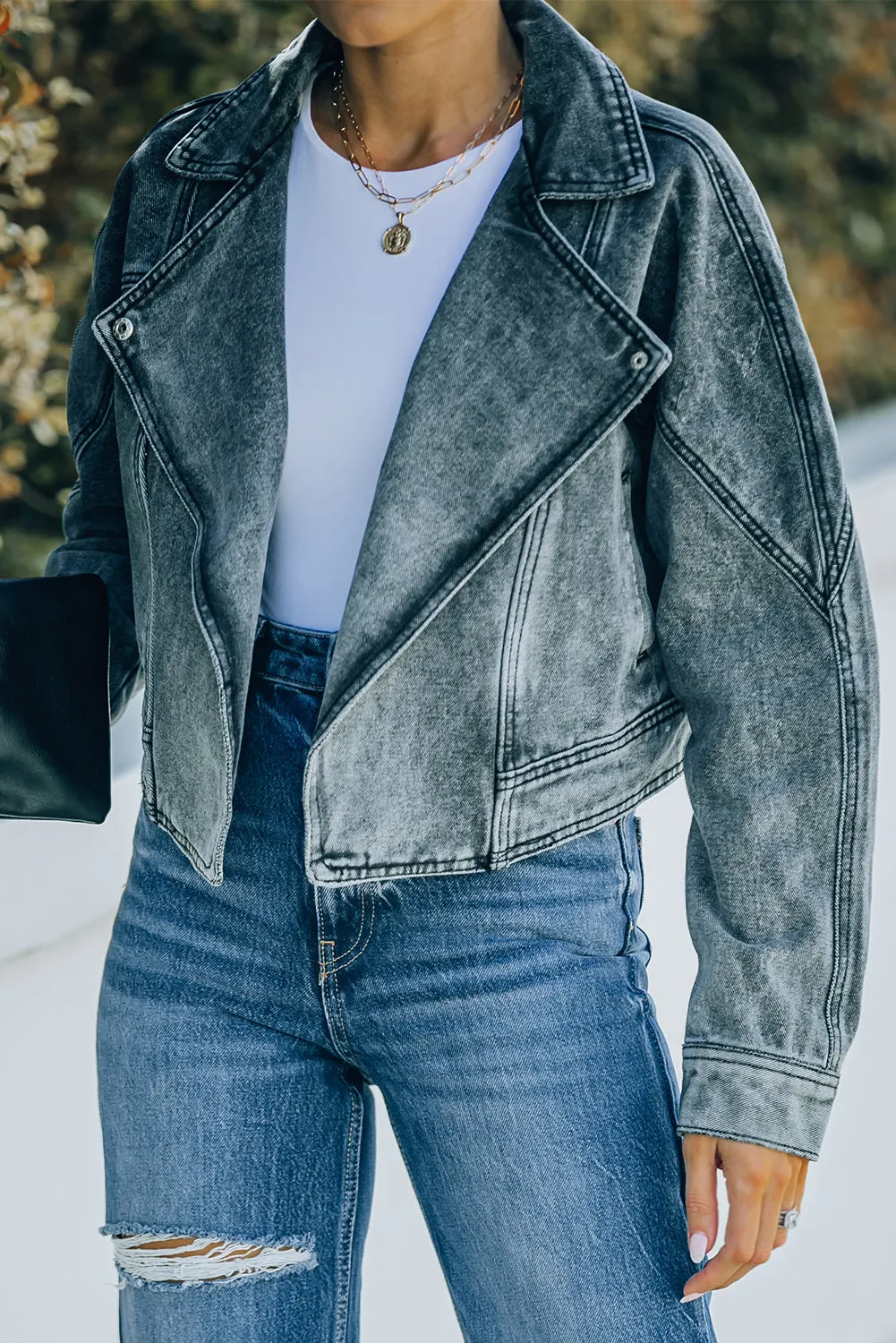 Lapel Collar Cropped Denim Jacket