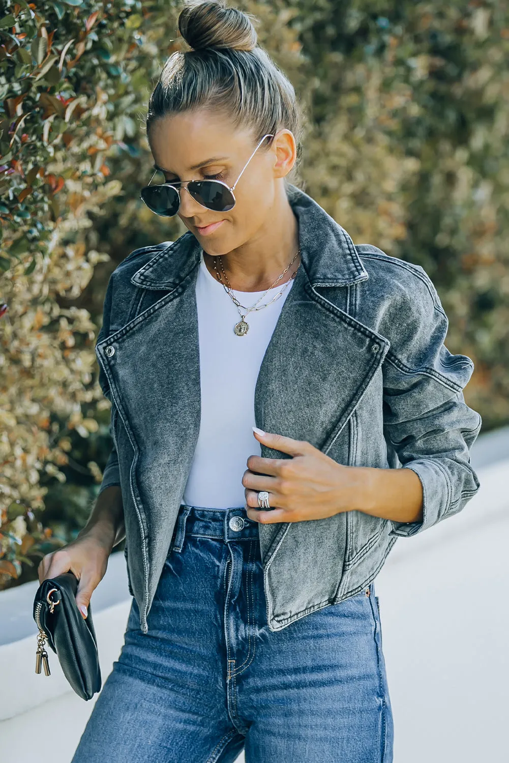 Lapel Collar Cropped Denim Jacket