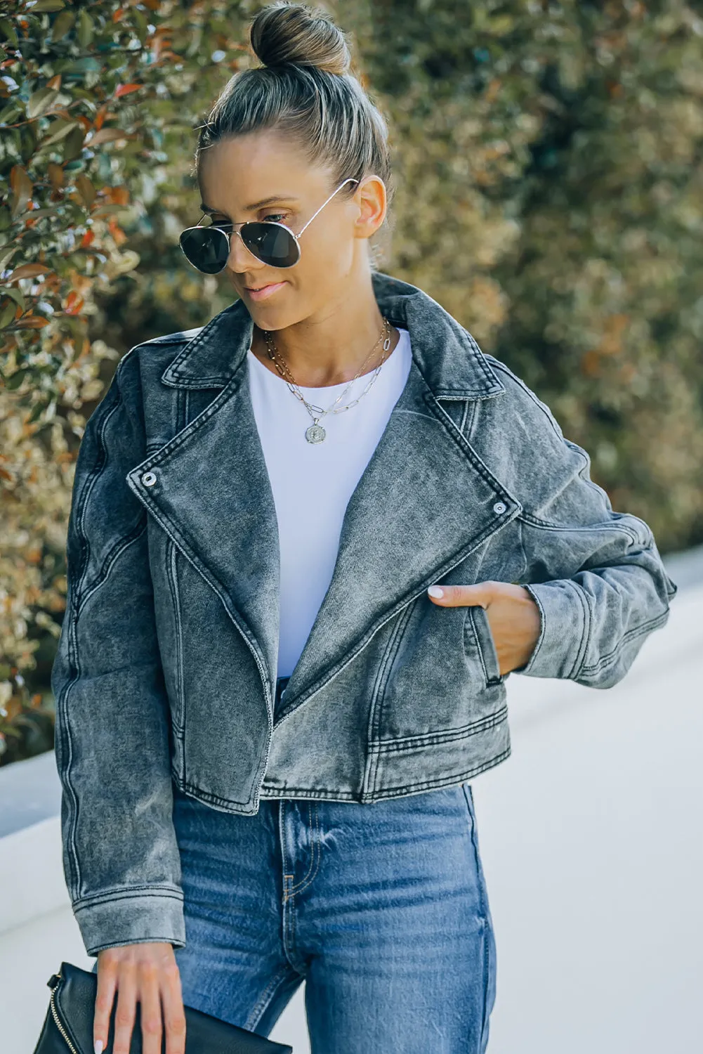 Lapel Collar Cropped Denim Jacket