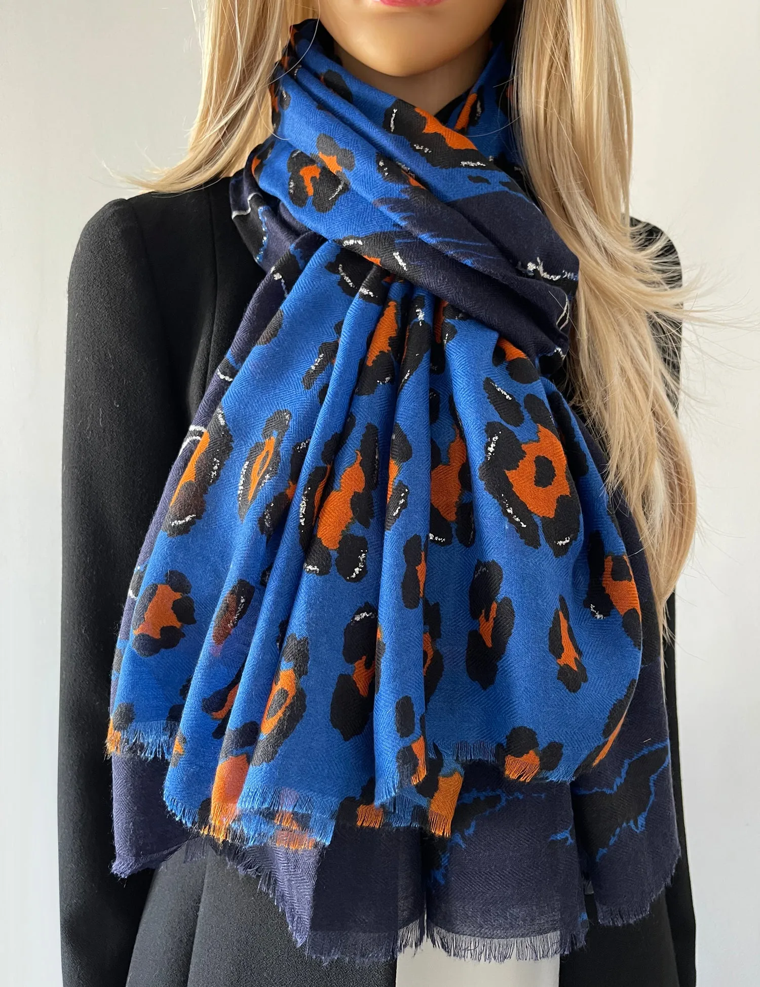 LARGE BLUE ZEBRA AND LEOPARD PRINT SHAWL SCARF