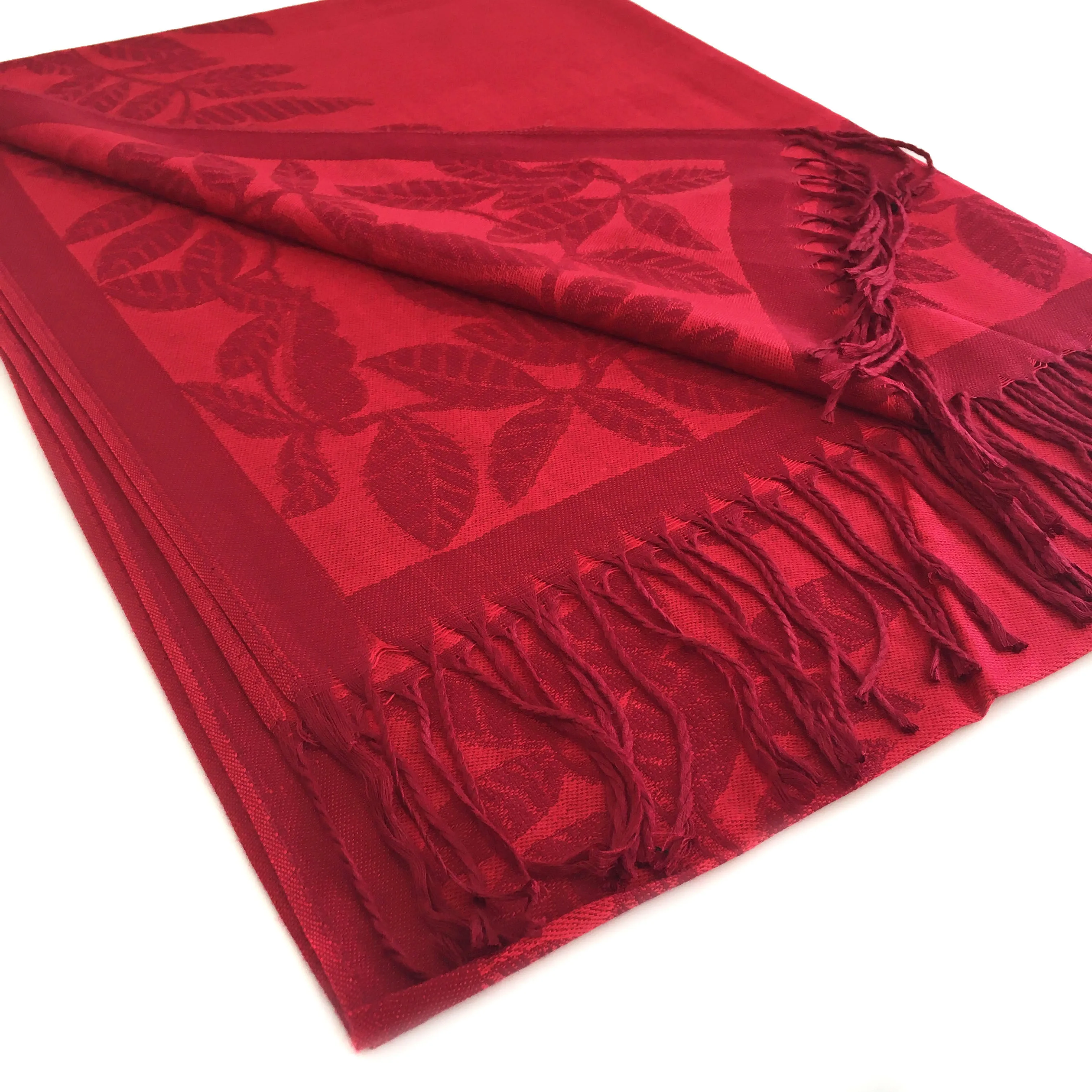 LARGE RED LEAF PRINT REVERSIBLE PASHMINA SHAWL SCARF