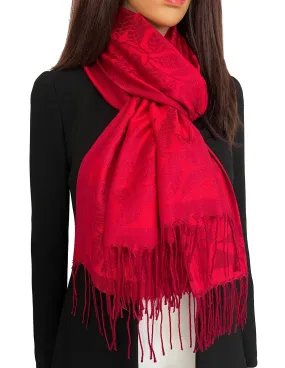 LARGE RED LEAF PRINT REVERSIBLE PASHMINA SHAWL SCARF