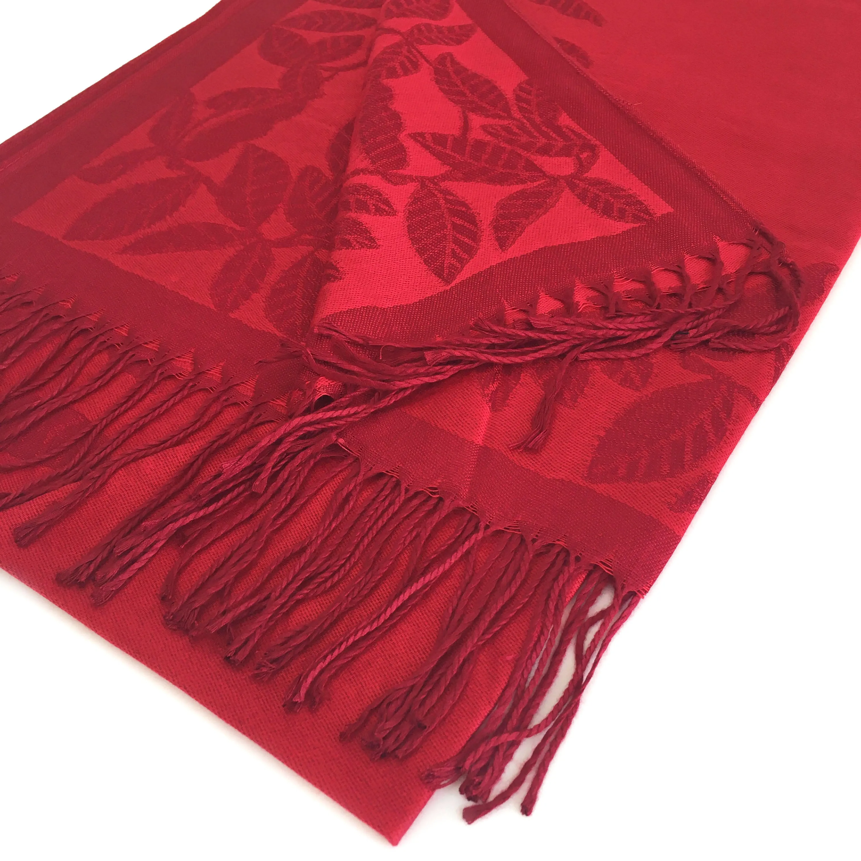 LARGE RED LEAF PRINT REVERSIBLE PASHMINA SHAWL SCARF