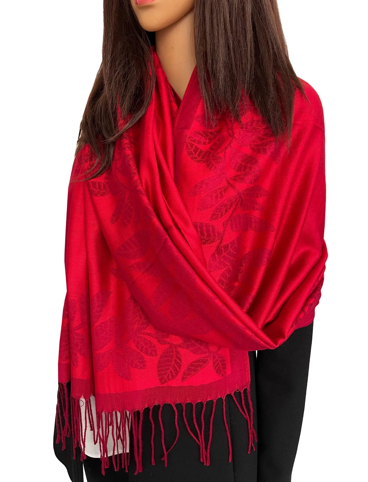 LARGE RED LEAF PRINT REVERSIBLE PASHMINA SHAWL SCARF